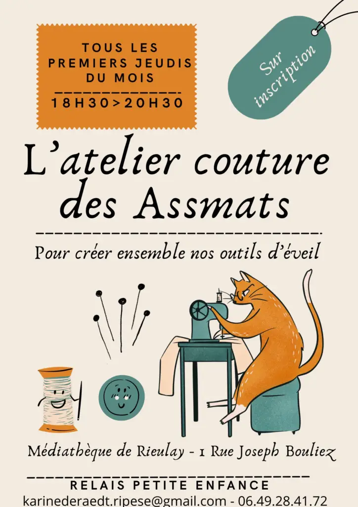 Affiche de l'atelier couture des assmats : tous les premiers jeudis du mois, de 18 h 30 à 20 h 30, sur inscription, à la médiathèque de Rieulay
